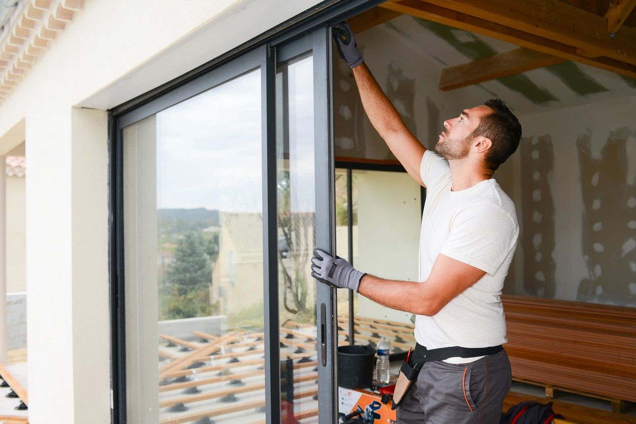 A man in white shirt and black pants holding up a window.